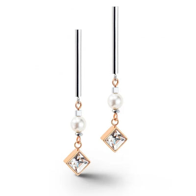 Coeur De Lion layered square crystal Rose gold, white & pearl earrings