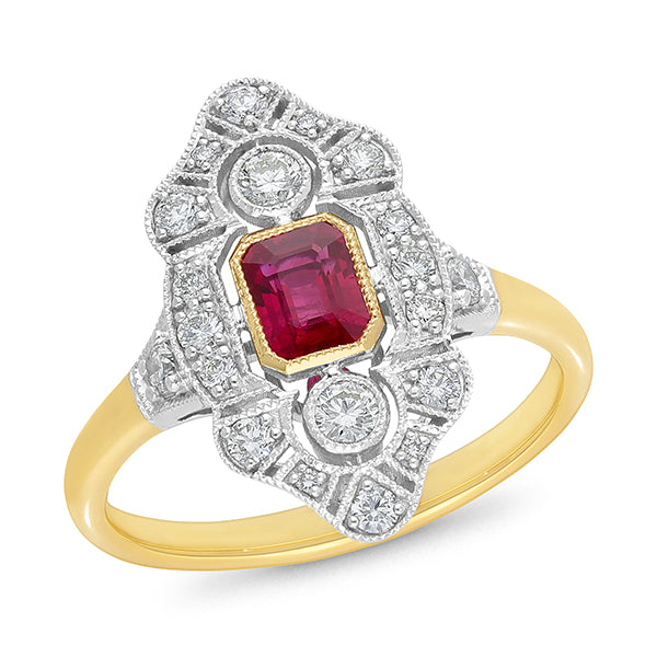 9ct yellow & White Gold Diamond Ruby Ring