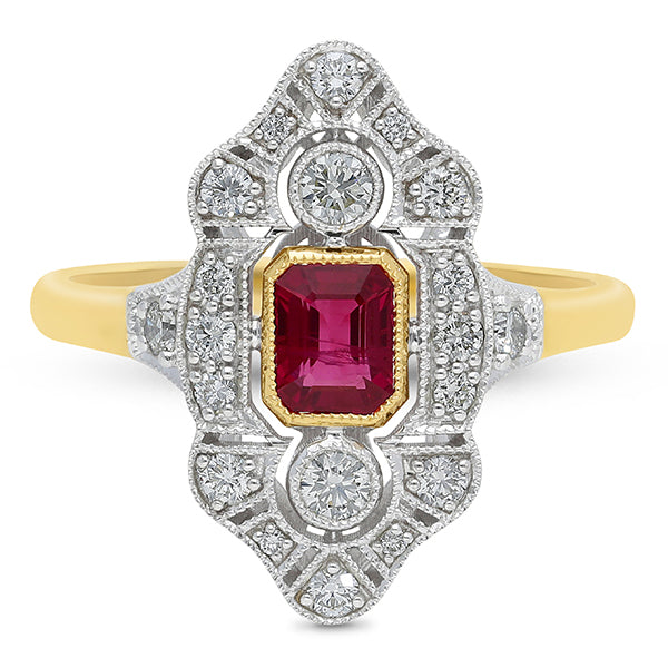9ct yellow & White Gold Diamond Ruby Ring