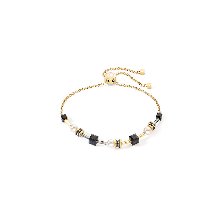 Coeur De Lion geo cube gold, pearl & black adjustable bracelet