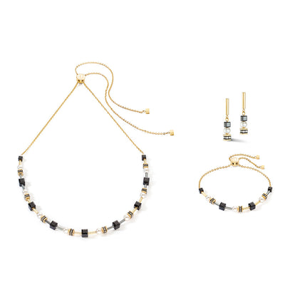 Coeur De Lion geo cube gold, pearl & black earrings