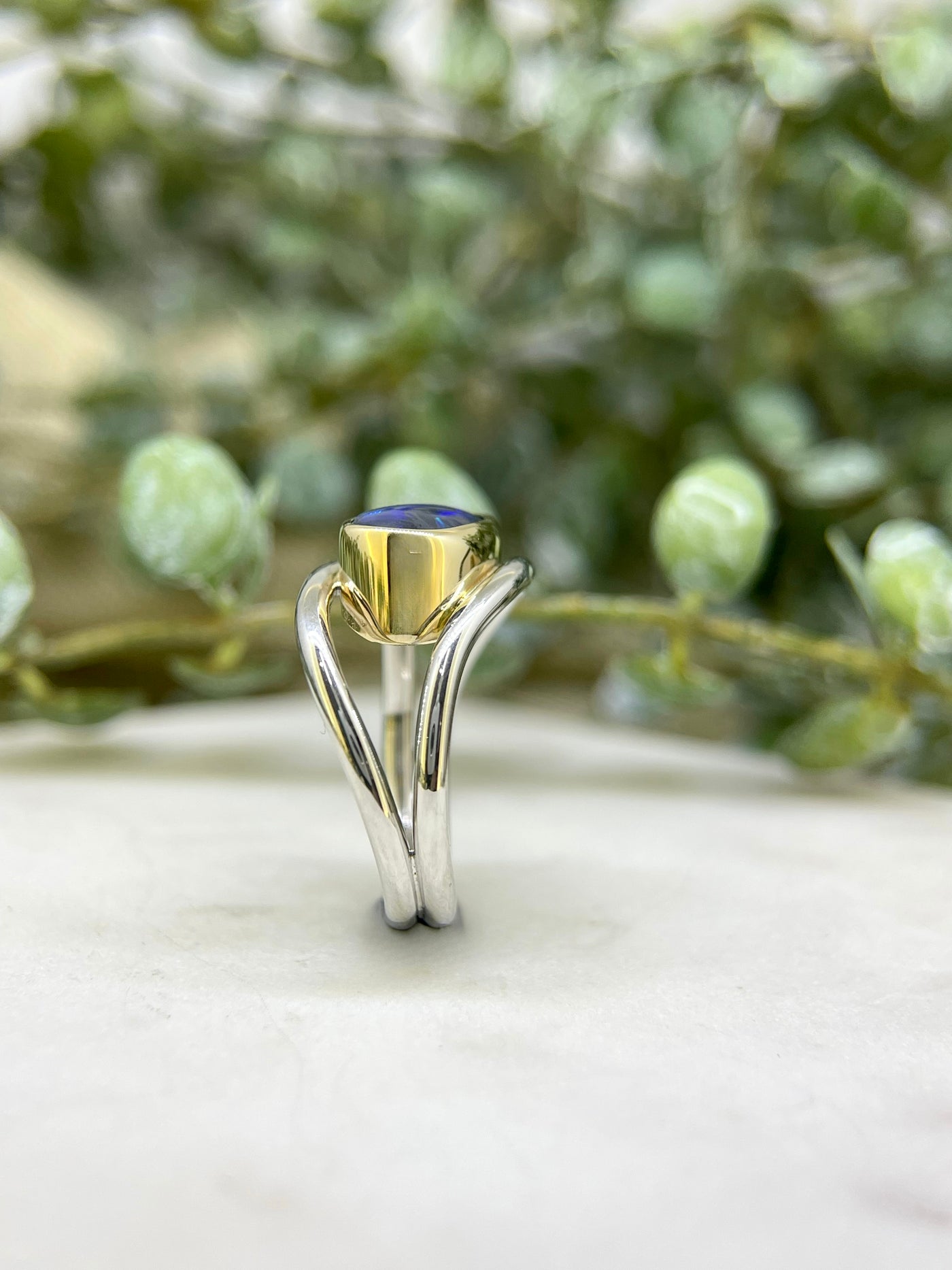 9ct Yellow & White Gold Solid Black Opal Ring