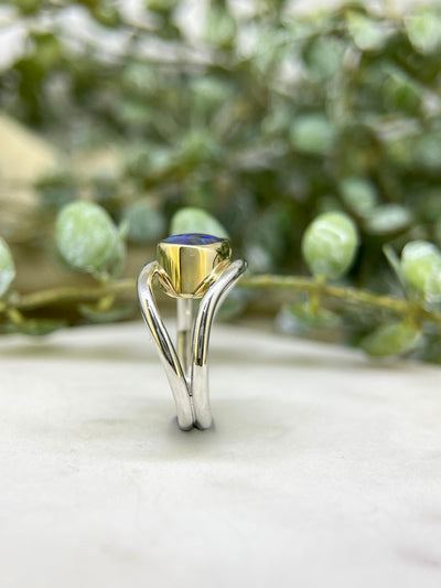 9ct Yellow & White Gold Solid Black Opal Ring