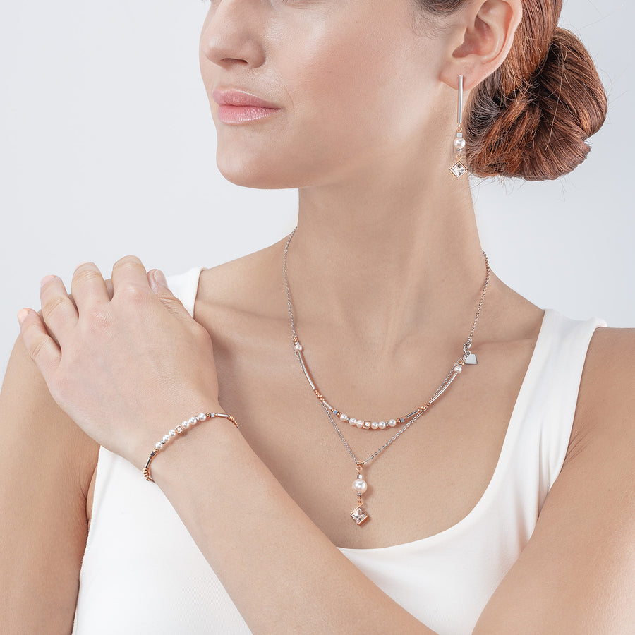 Coeur De Lion layered square crystal rose gold, white & pearl necklace