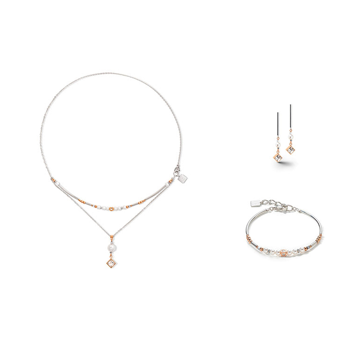 Coeur De Lion layered square crystal rose gold, white & pearl necklace