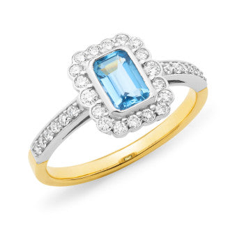 9ct Yellow/White gold Aquamarine & Diamond ring