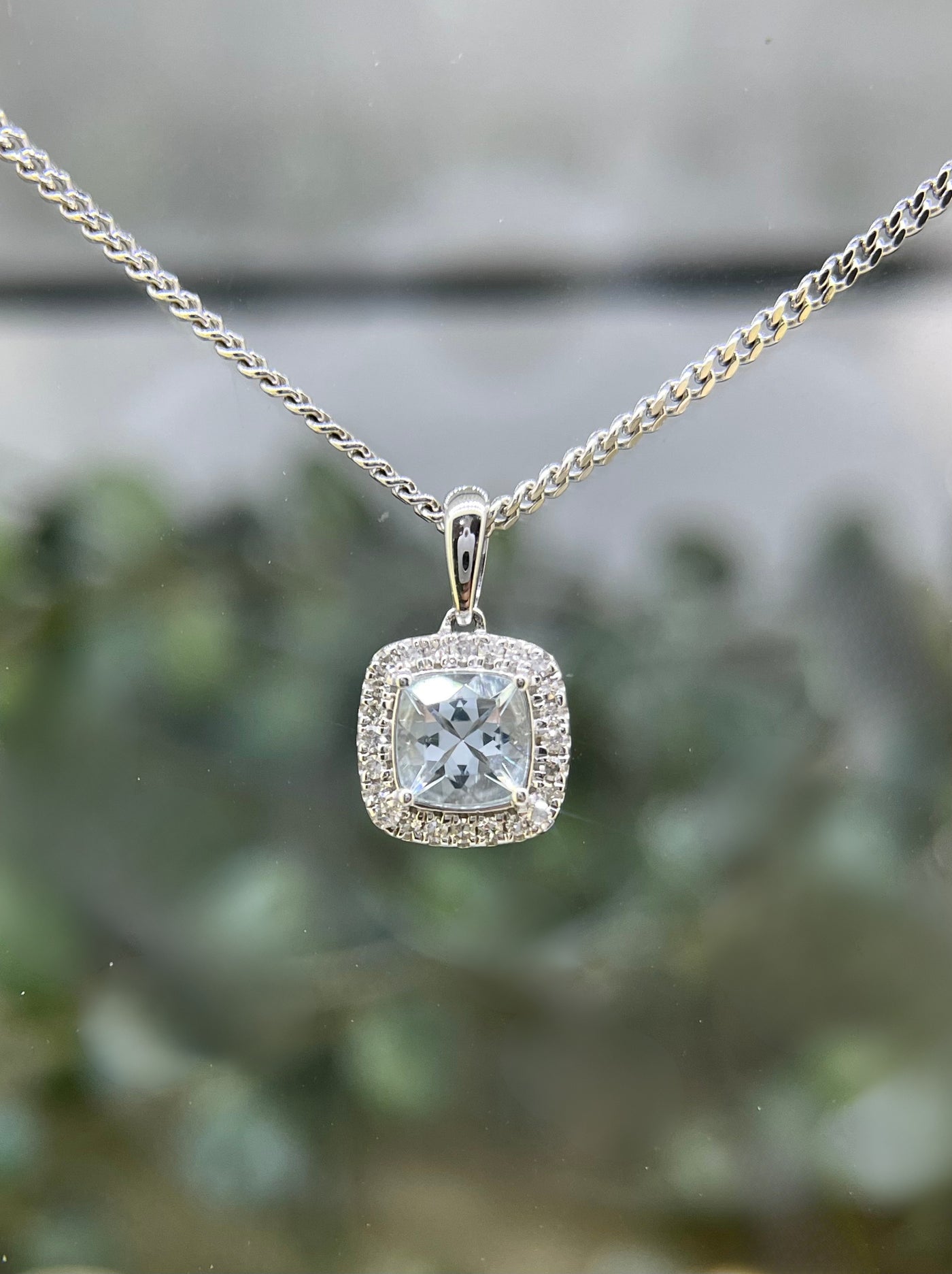 9ct White Gold Diamond & Aquamarine Pendant