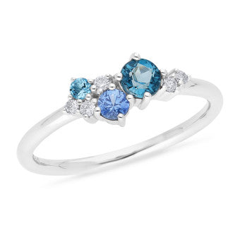 9ct White gold Diamond, London Blue Topaz, Ceylon Sapphire & Blue Topaz ring