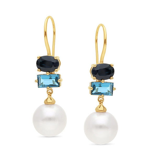 9ct Yellow Gold Pearl, Sapphire & Topaz Earrings