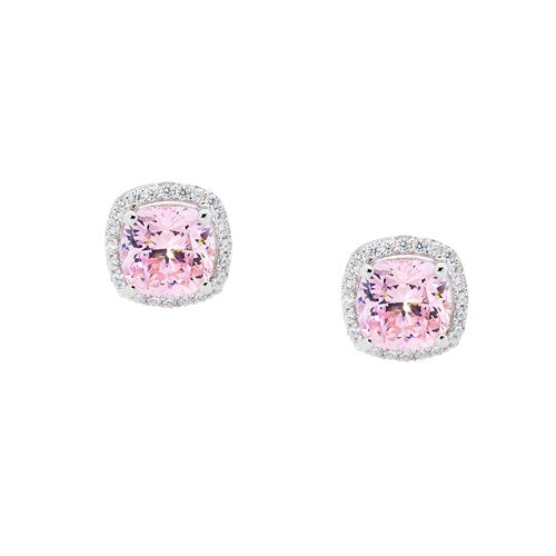 Sterling Silver Light Pink Square Halo CZ Studs