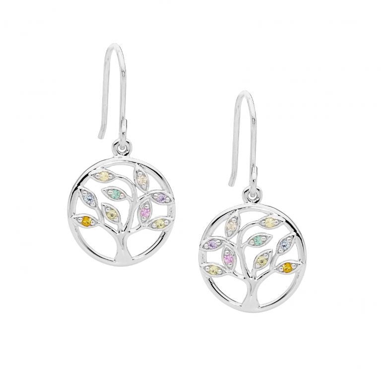 Sterling Silver Multi Colour CZ Tree of Life drop Earrings