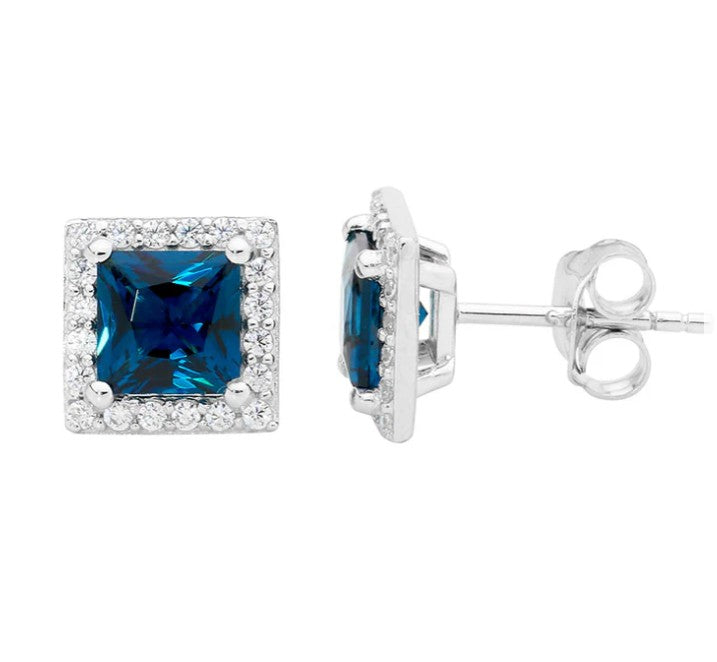 Sterling Silver Blue CZ Square Halo studs