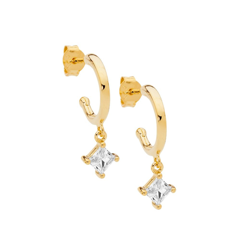 Sterling silver Hoops with princess cut cubic zirconia & gold plating