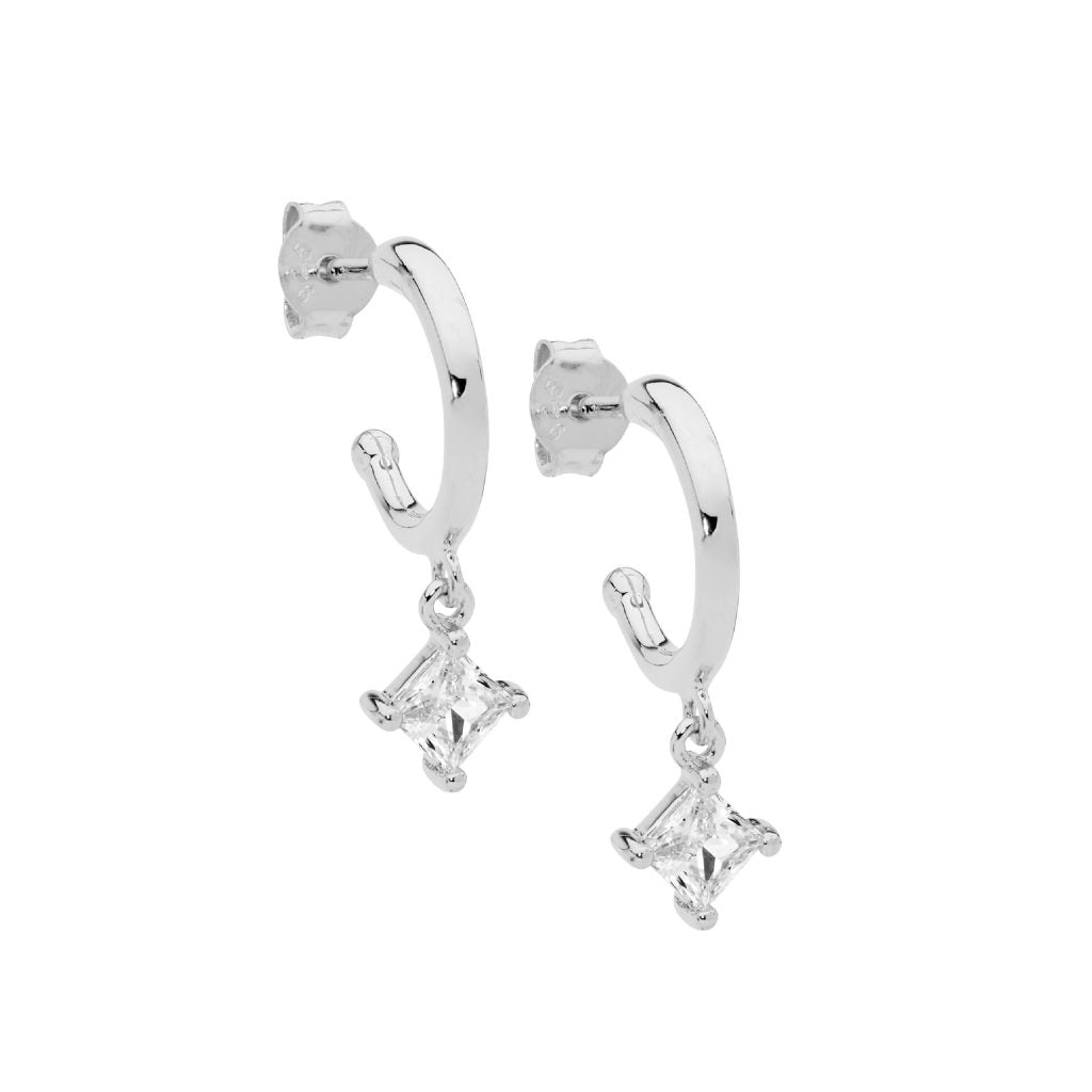 Sterling silver hoop earrings with princess cut CZ