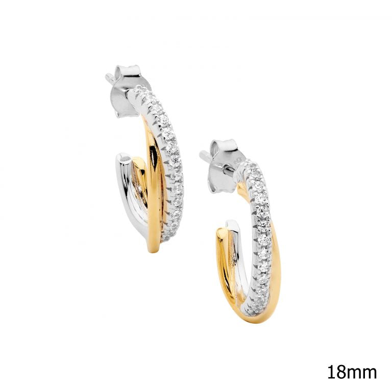 Sterling Silver Yellow Gold Plated Cross over CZ Hoops