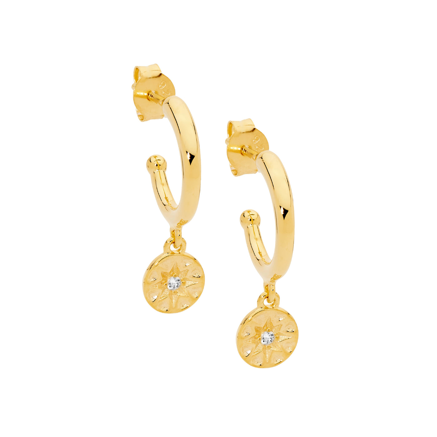 Sterling Silver Yellow Gold plated CZ Star Disk Huggie