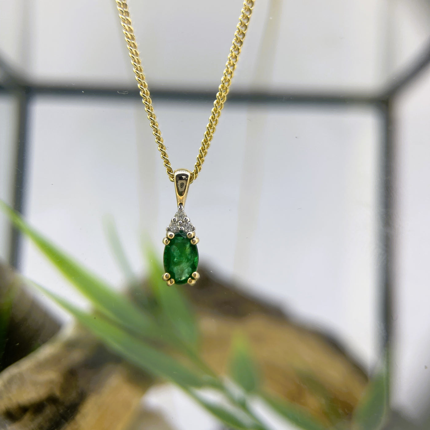 9ct Yellow gold Emerald and Diamond pendant