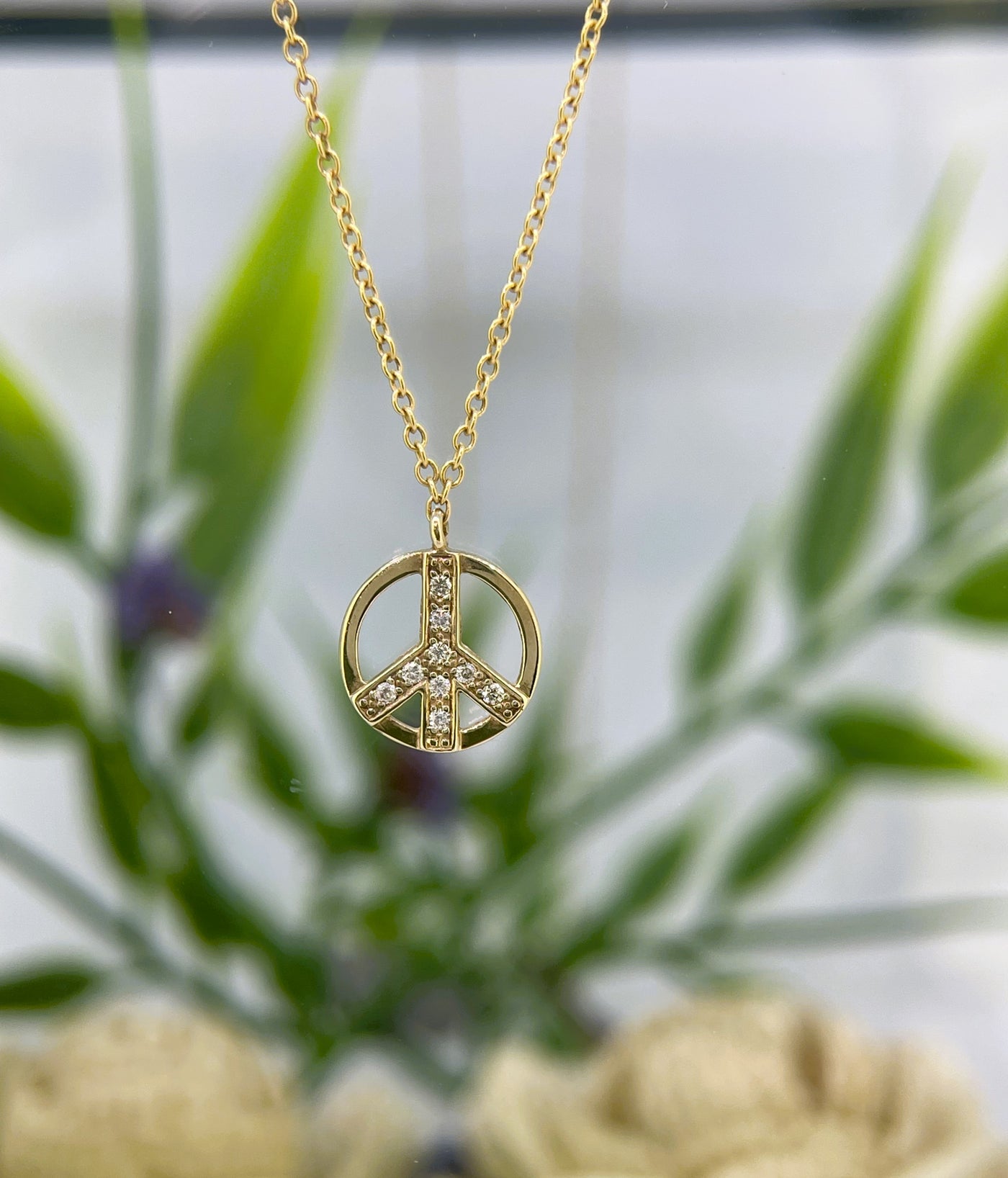 9ct Yellow gold Diamond Peace symbol necklace