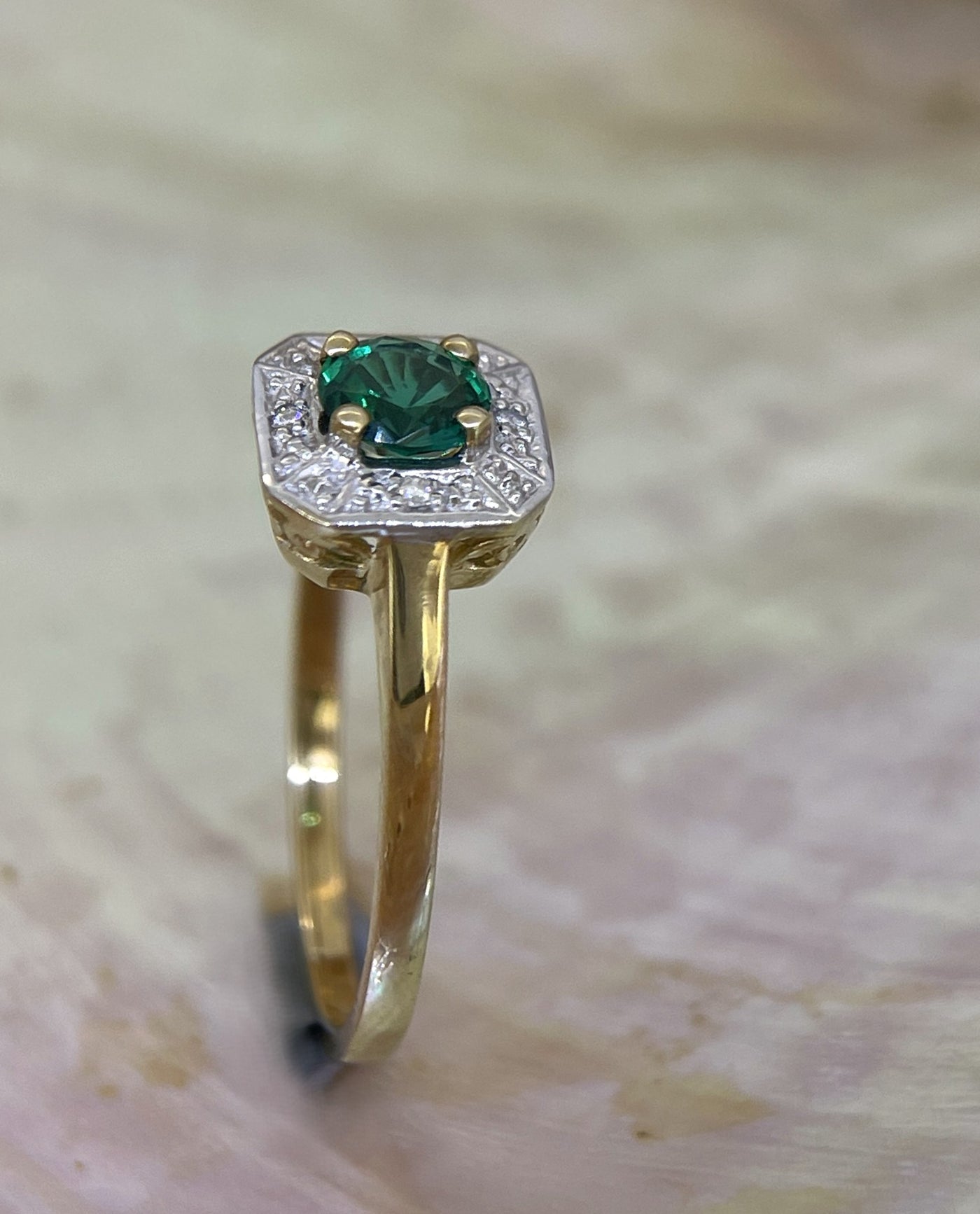 9ct Yellow & White gold Created Emerald and Diamond Ring