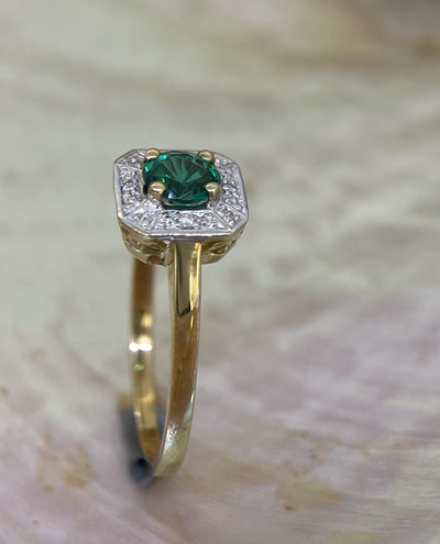 9ct Yellow & White gold Created Emerald and Diamond Ring