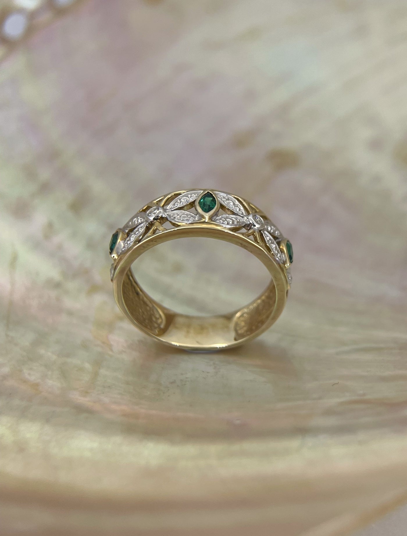 9ct Yellow /White gold Created Emerald & Diamond Dress ring