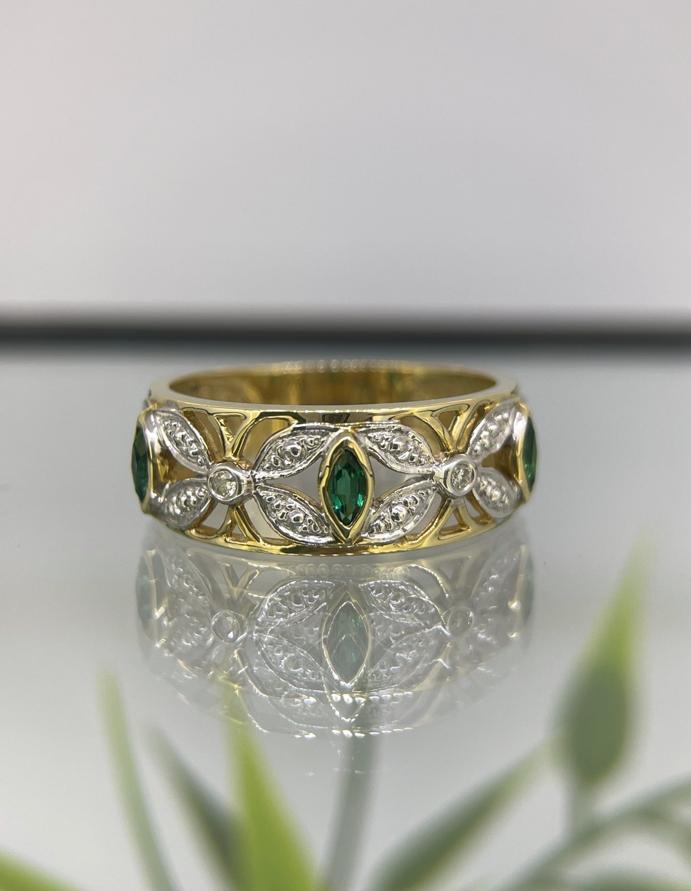 9ct Yellow /White gold Created Emerald & Diamond Dress ring
