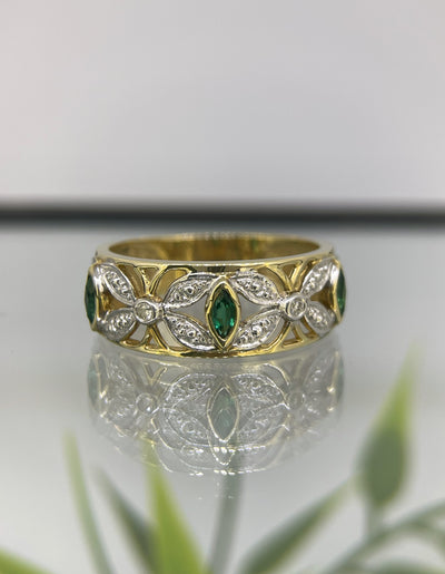 9ct Yellow /White gold Created Emerald & Diamond Dress ring