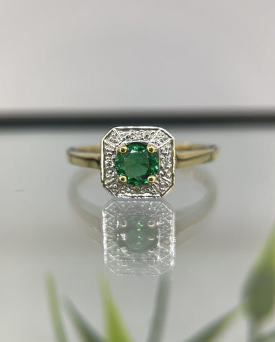 9ct Yellow & White gold Created Emerald and Diamond Ring