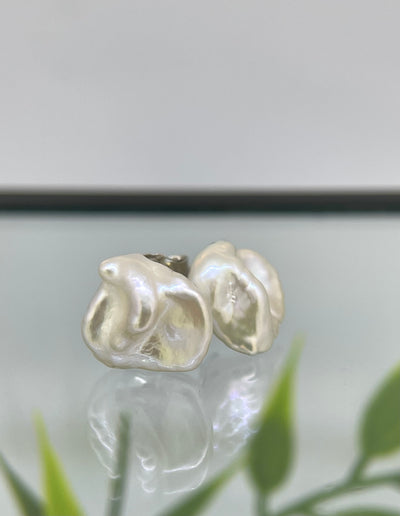 Pebble Fresh water Pearl Sterling Silver Rhodium Plated Earrings