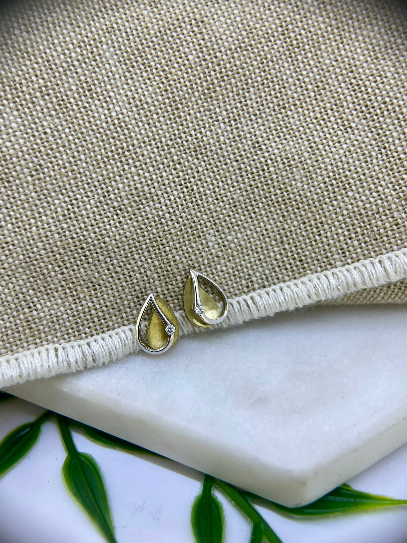 9ct Yellow + White Gold Tear drop Diamond studs