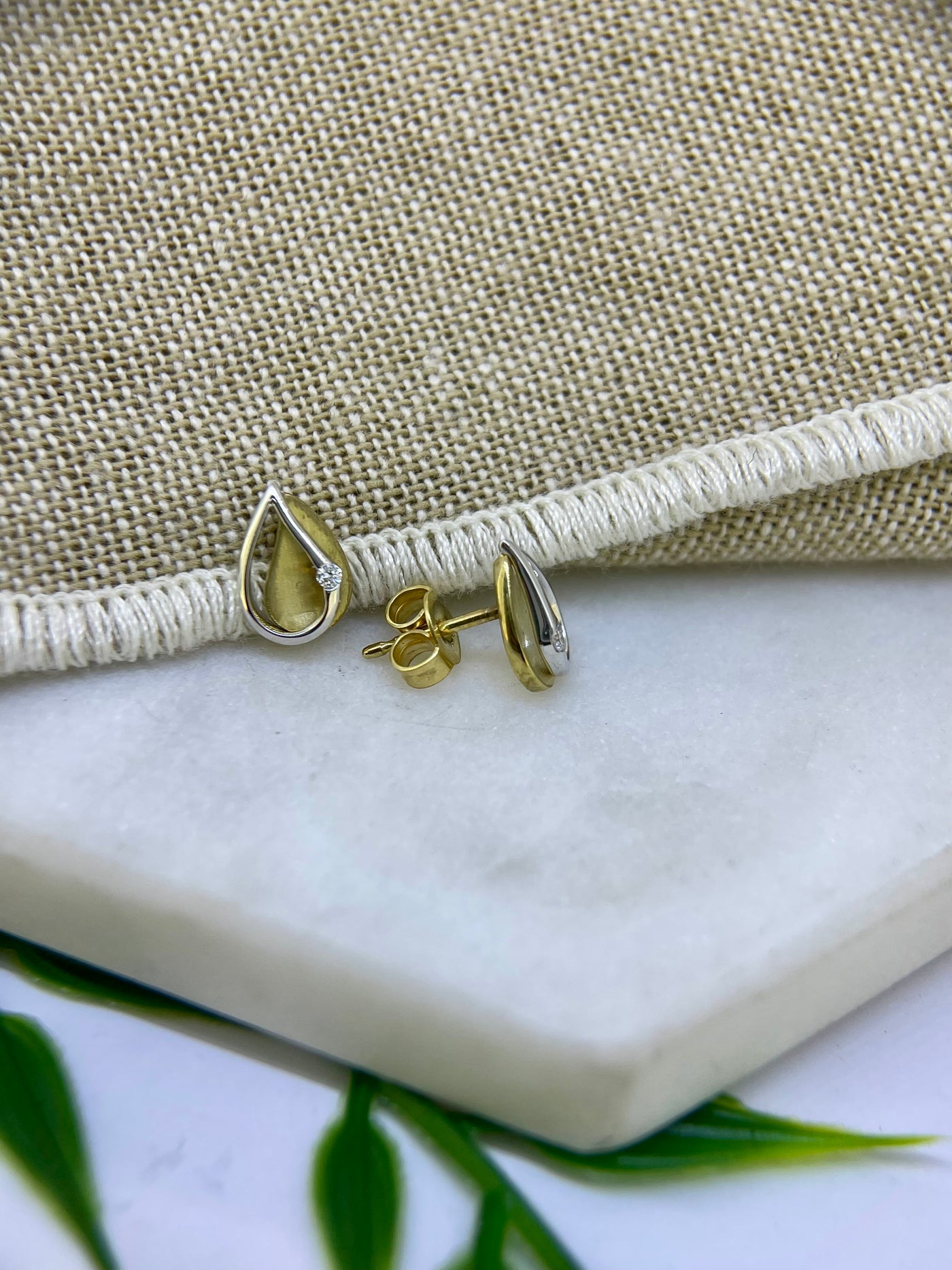 9ct Yellow + White Gold Tear drop Diamond studs