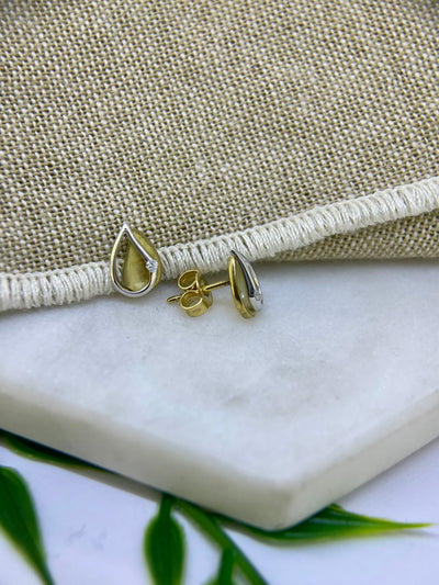 9ct Yellow + White Gold Tear drop Diamond studs
