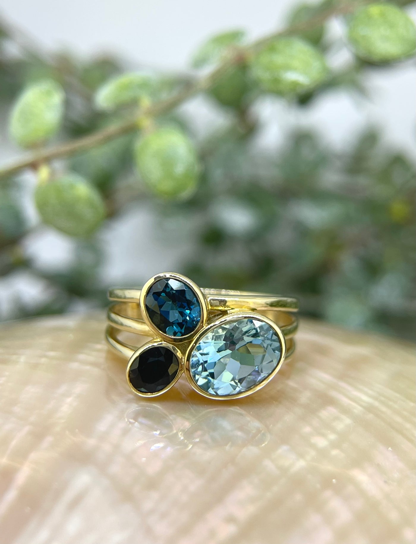 9ct Yellow Gold Topaz, LBT & Sapphire Ring