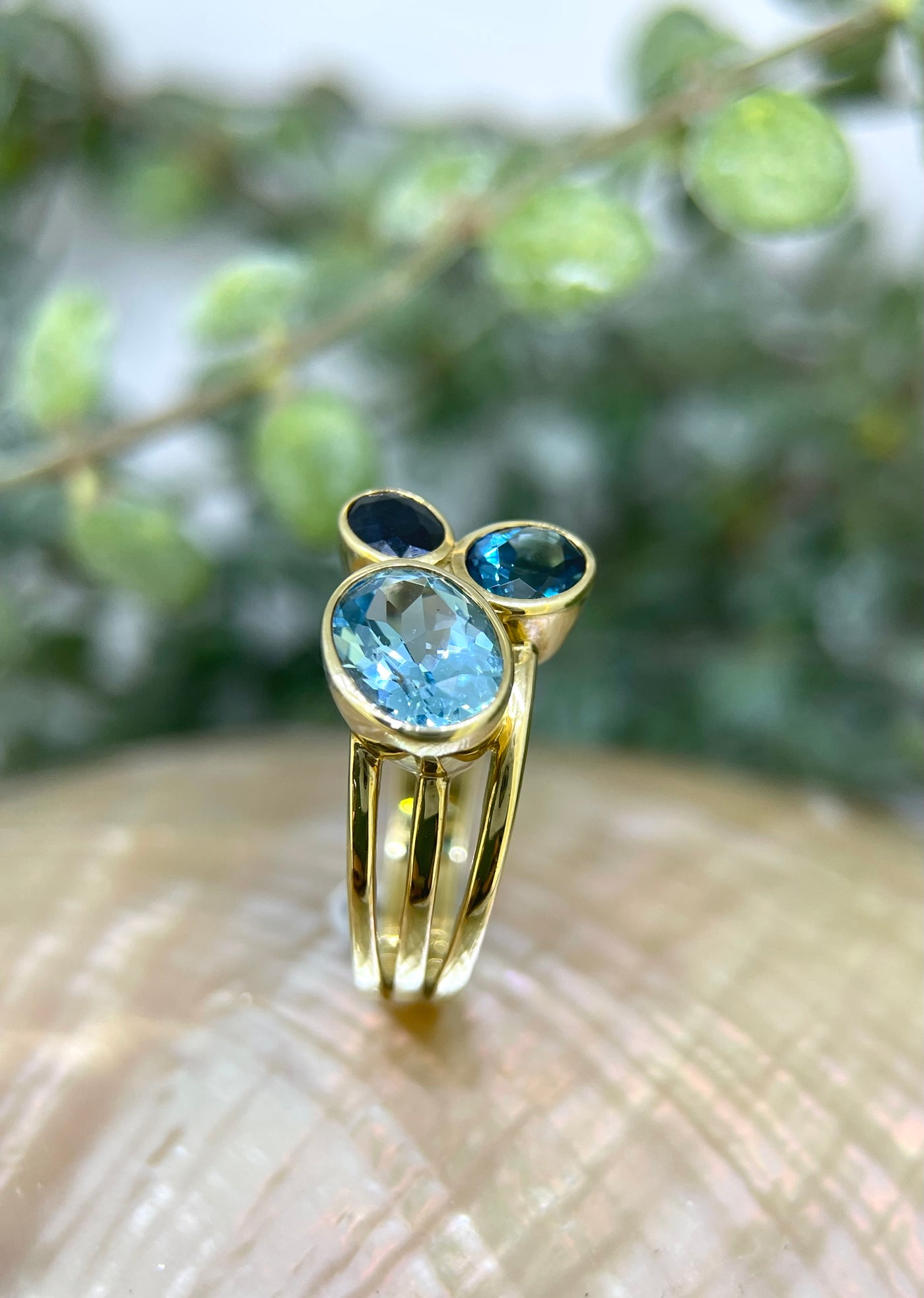 9ct Yellow Gold Topaz, LBT & Sapphire Ring