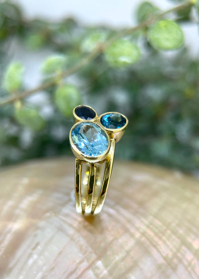 9ct Yellow Gold Topaz, LBT & Sapphire Ring