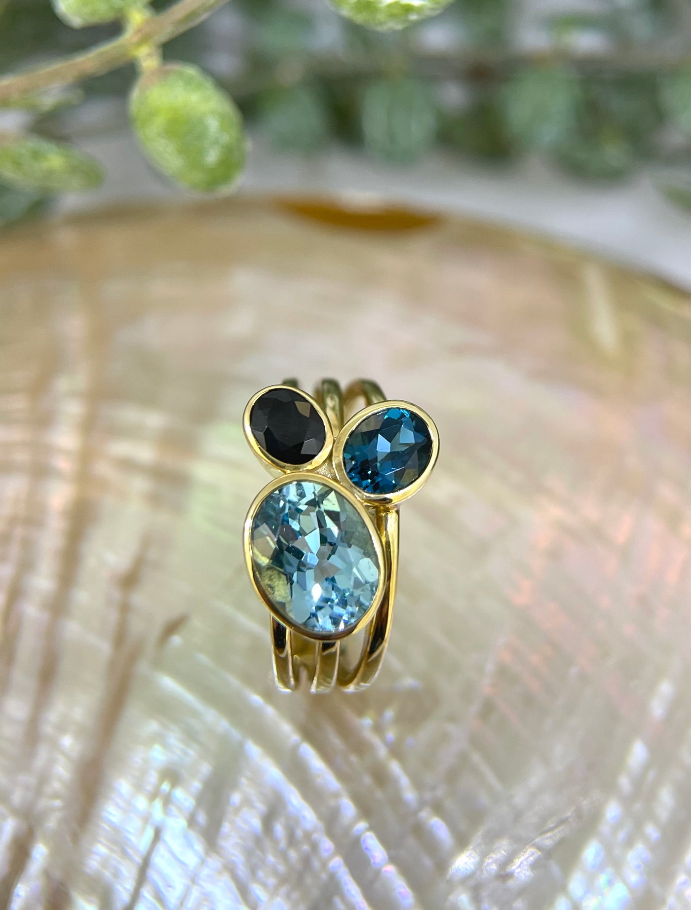 9ct Yellow Gold Topaz, LBT & Sapphire Ring