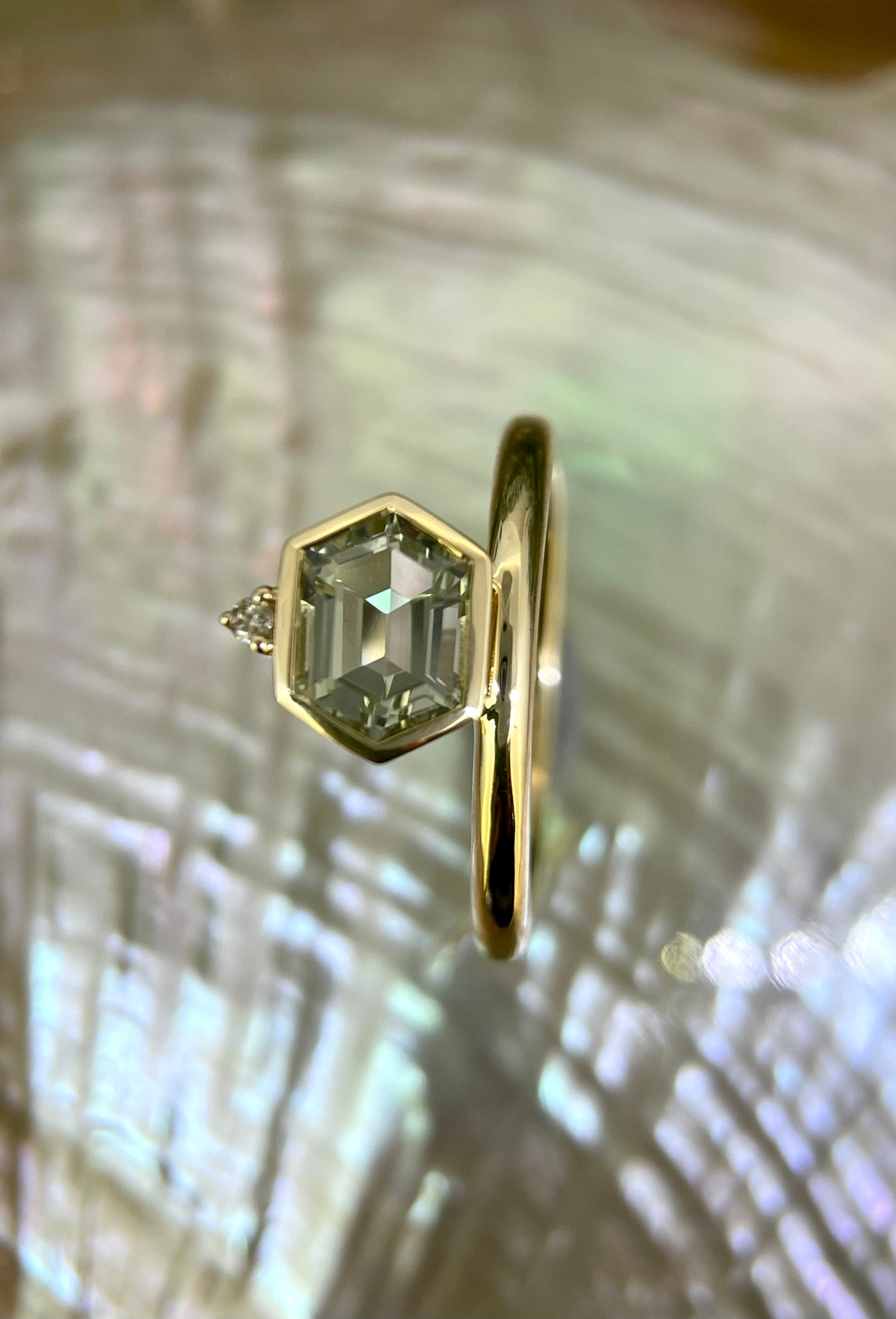 9ct Yellow Gold Green Amethyst & Diamond Ring