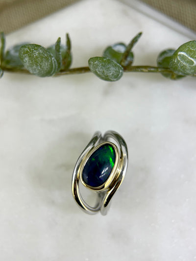 9ct Yellow & White Gold Solid Black Opal Ring