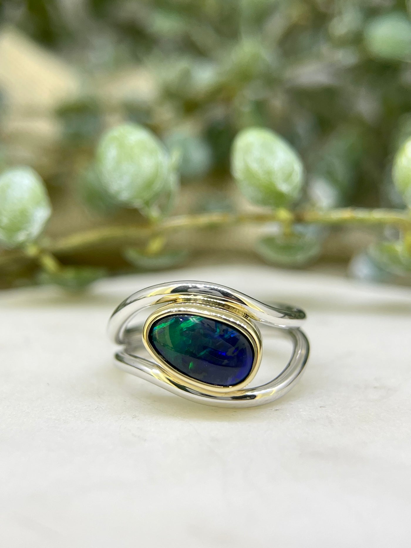 9ct Yellow & White Gold Solid Black Opal Ring