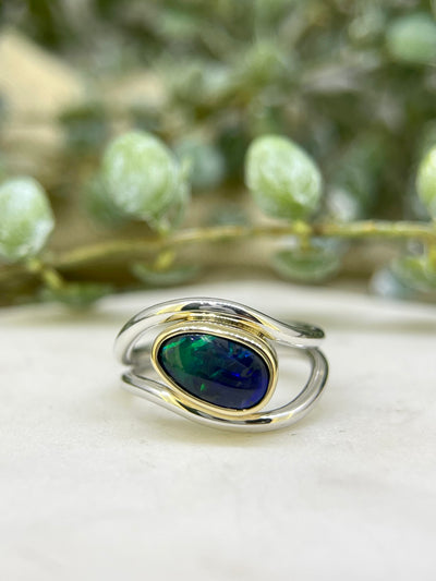 9ct Yellow & White Gold Solid Black Opal Ring