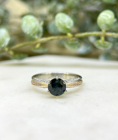 18ct White & Rose Gold Teal Sapphire & Pink Diamond Ring
