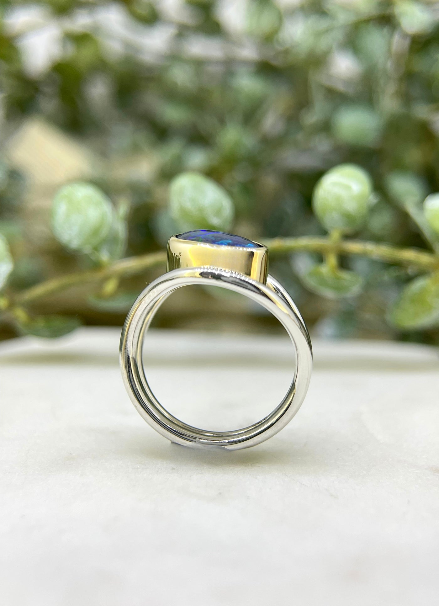 9ct Yellow & White Gold Solid Black Opal Ring
