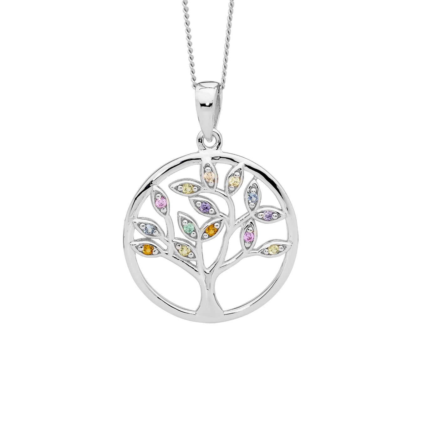 Sterling Silver Tree of Life Multi Coloured CZ Pendant