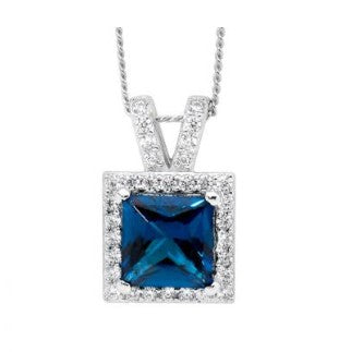 Sterling Silver Blue CZ Square Halo Pendant