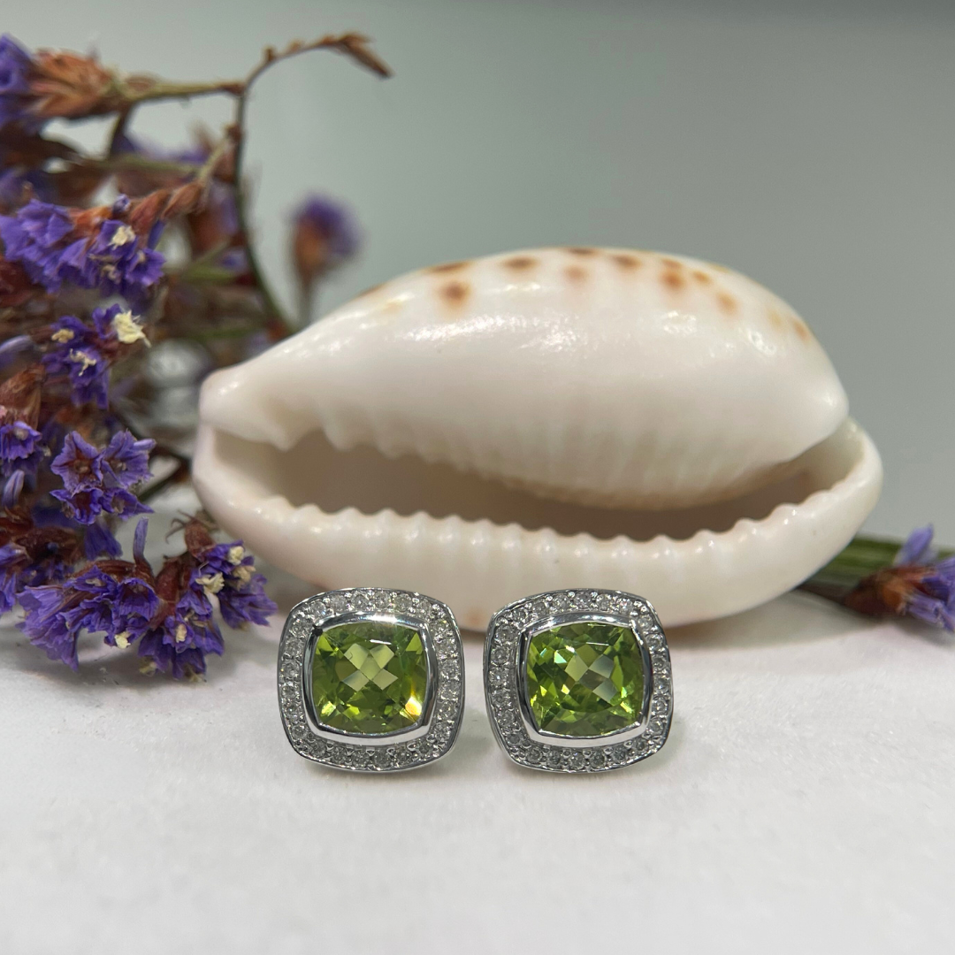 9ct White Gold Peridot & Diamond studs