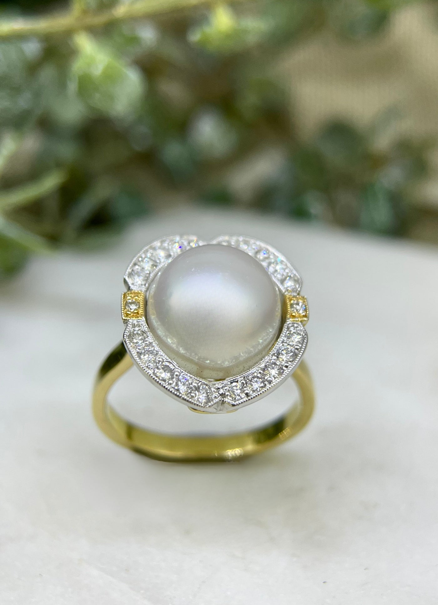 18ct Yellow & White Gold Pearl & Diamond Ring