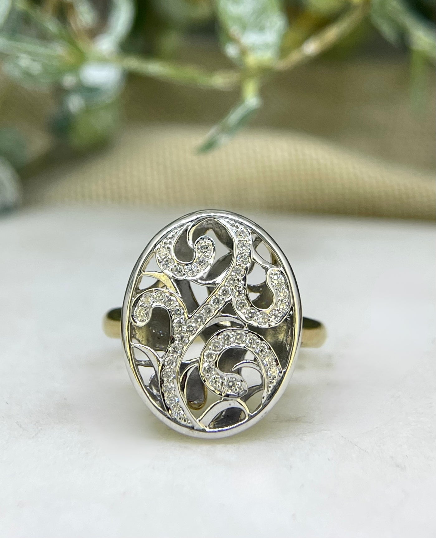 9ct Yellow & White Gold Diamond Oval Swirl Ring