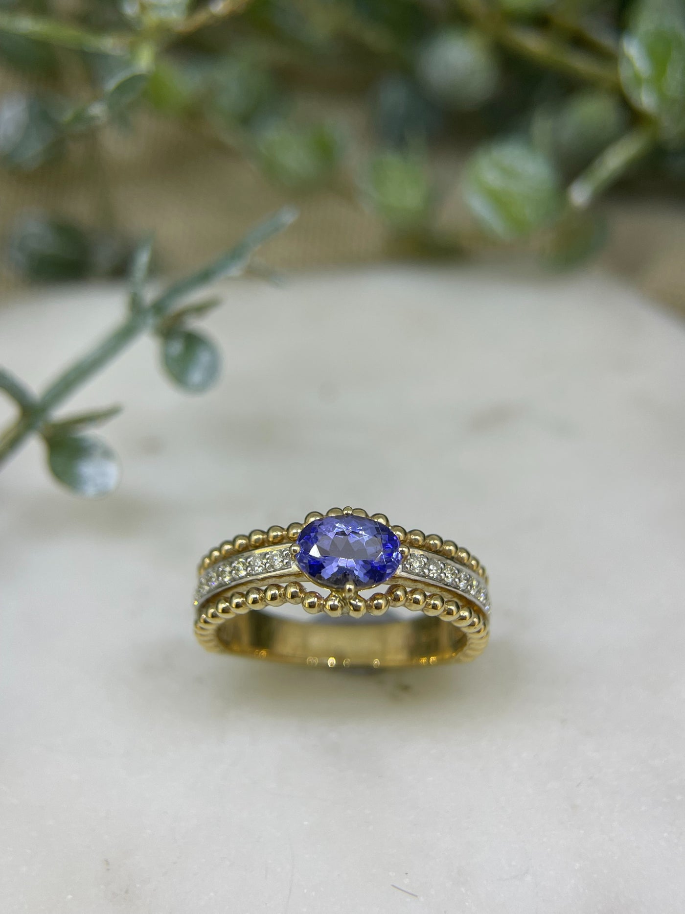 9ct Yellow & White Gold Tanzanite & Diamond Ring