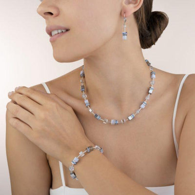 Coeur De Lion geo cube Chalcedony & Hematite light blue necklace