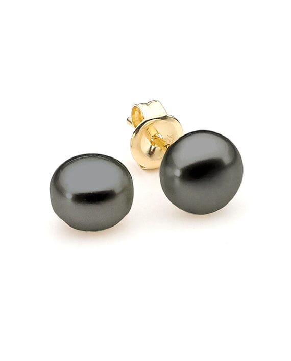 9ct Yellow Gold Lava Black Pearl studs 9-9.5mm